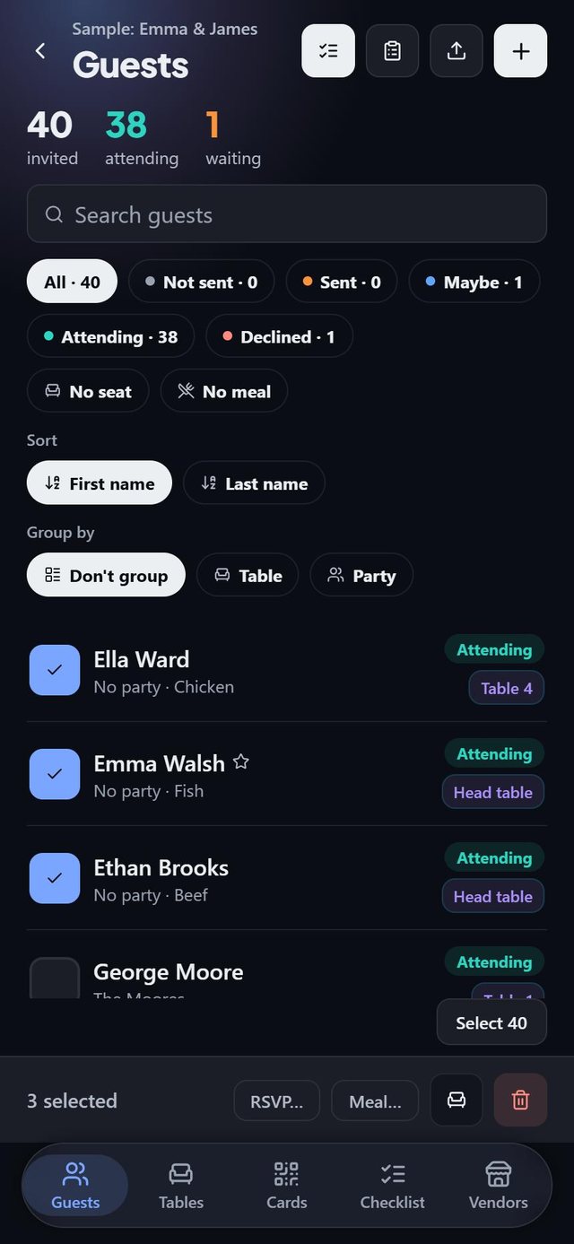 Change many guests at once: screen from the SeatSpot app