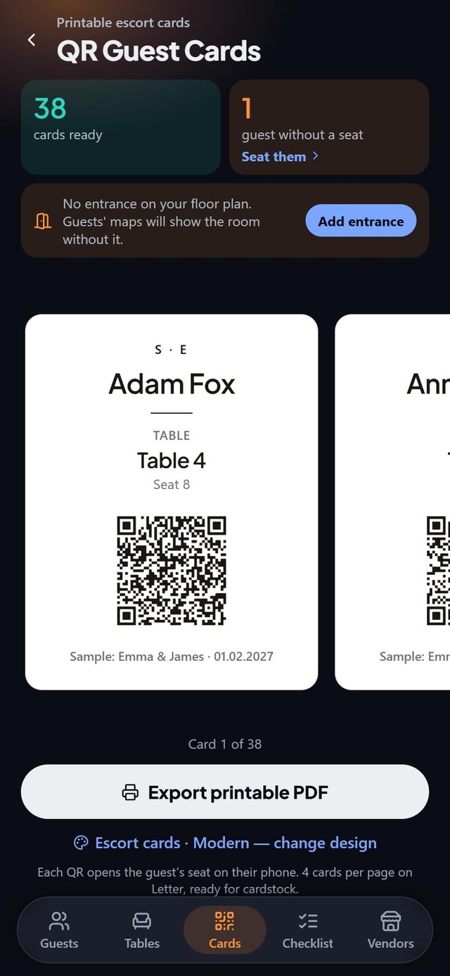 Escort cards with a QR code: screen from the SeatSpot app