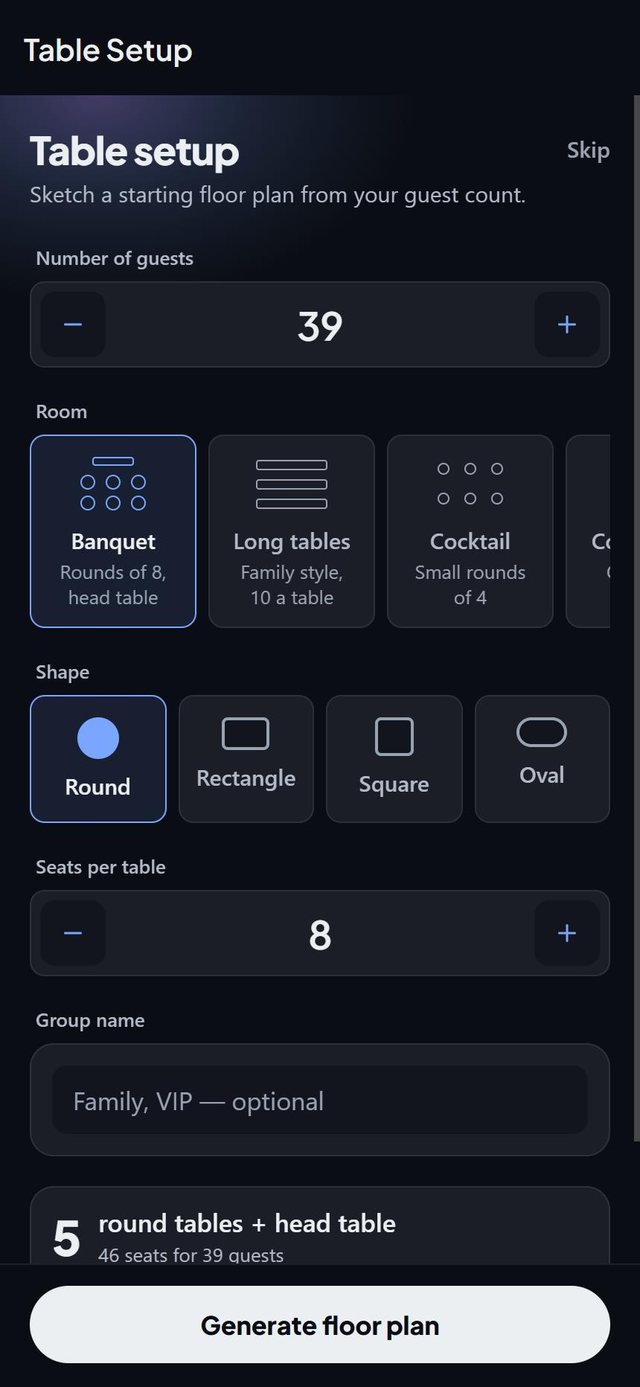 Start from a room template: screen from the SeatSpot app