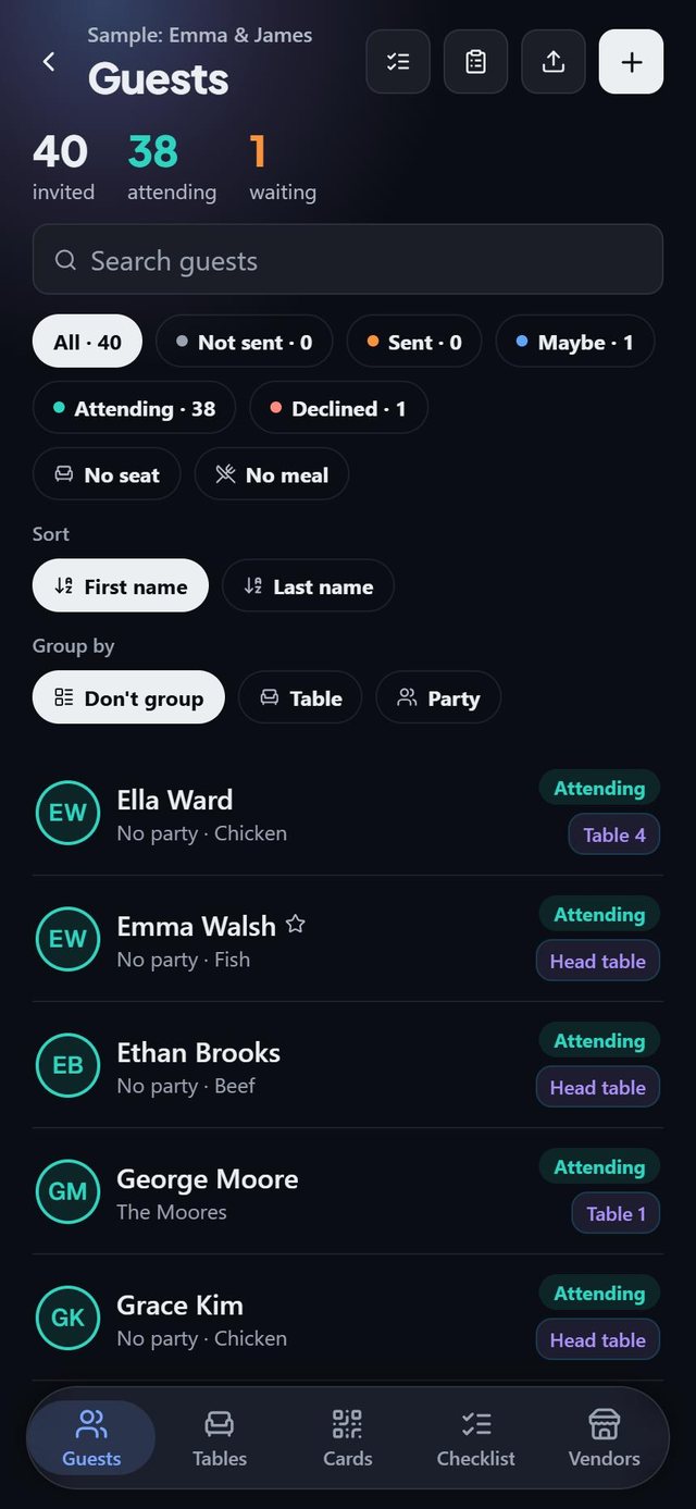 RSVPs in one list: screen from the SeatSpot app